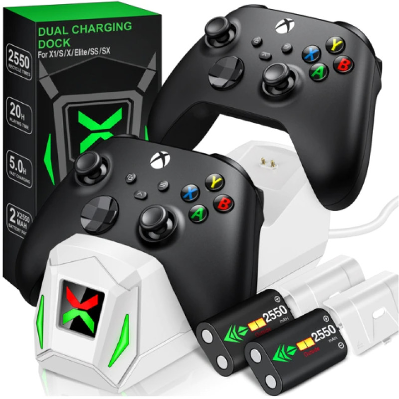 Док-станція BEBONCOOL + 2 акумулятори 2550 mAh для геймпадів Xbox One (S/X) / Elite / Series (S/X) Білий