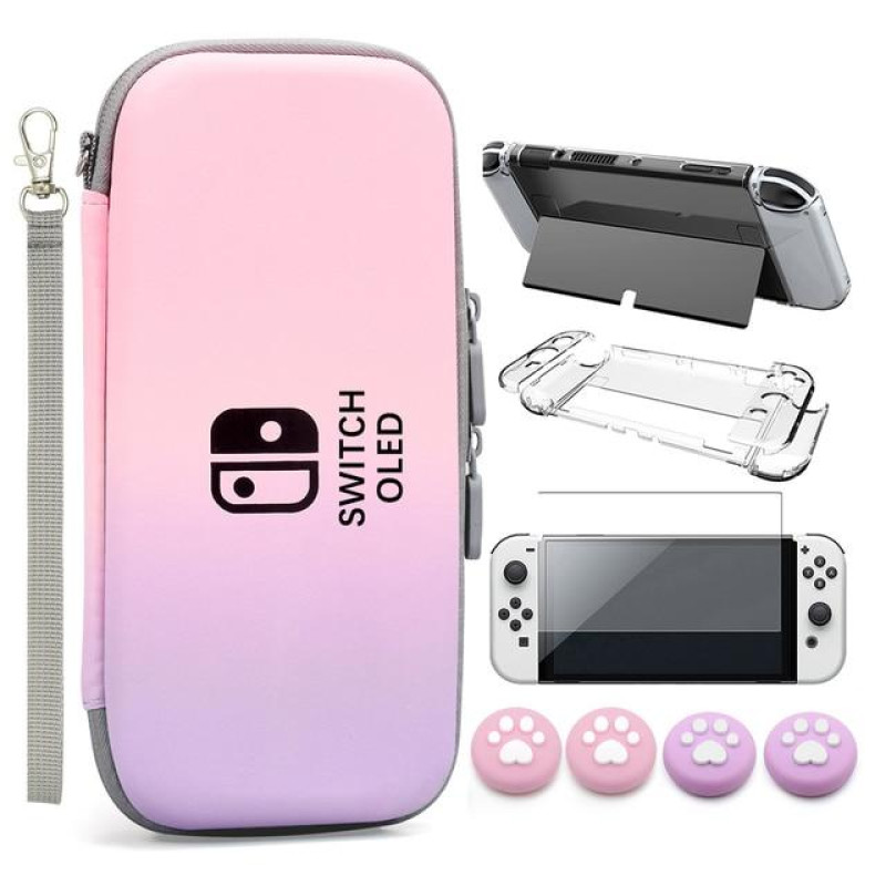 Суперкомплект Кейс + чохол + скло + накладки для Nintendo Switch OLED Purple-Pink