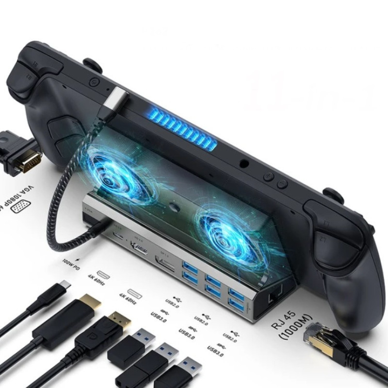 Зарядна док-станція YCE 11 в 1 HDMI, DP VGA, PD100W з охолодженням RGB для Steam Deck