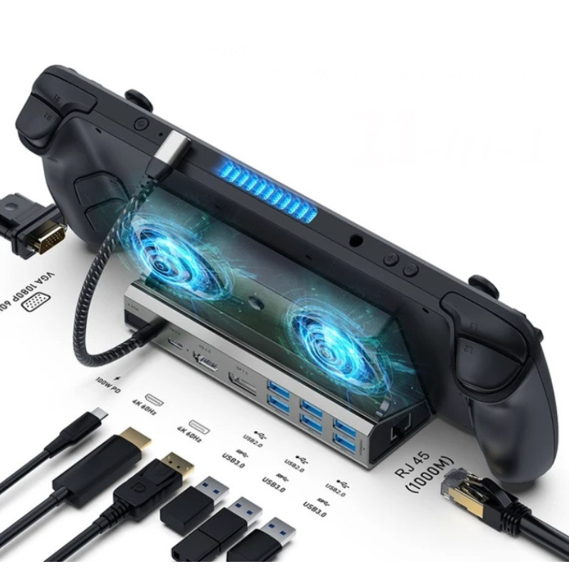 Станція заряджання з вертикальними двигунами YCE 11 в 1 HDMI, DP VGA, PD100W з охолодженням RGB для Steam Deck