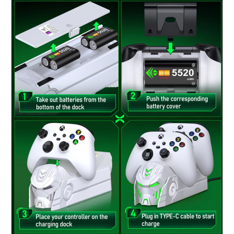Док-станція BEBONCOOL Predator для геймпадів Xbox Series X/S/One/Elite з батареями по 5520 mAh Док-станція BEBONCOOL Predator для геймпадів Xbox Series X/S/One/Elite з батареями по 5520 mAh