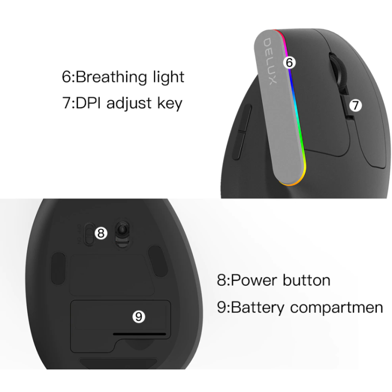 Бездротова вертикальна миша з підсвічуванням Delux M618C RGB Black Бездротова вертикальна миша з підсвічуванням Delux M618C RGB Black