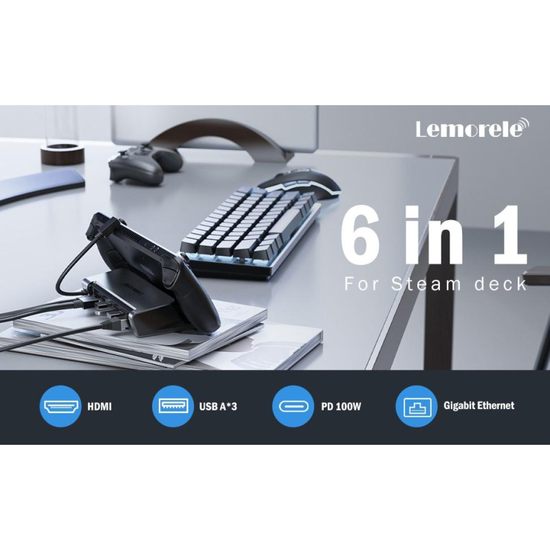 Док-станція 6 в 1 Lemorele для Steam Deck / Steam Deck Oled, HDMI 4K 30Hz / 100w / x3 USB 2.0 / LAN Док-станція 6 в 1 Lemorele для Steam Deck / Steam Deck Oled, HDMI 4K 30Hz / 100w / x3 USB 2.0 / LAN