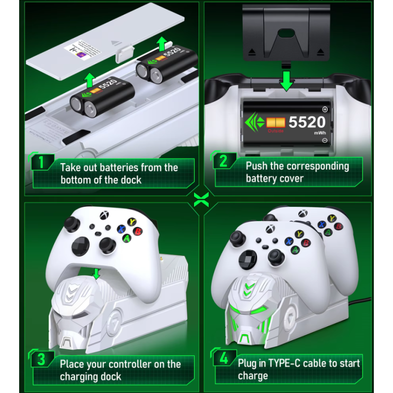 Док-станція BEBONCOOL Predator для геймпадів Xbox Series X/S/One/Elite з батареями по 5520 mAh Док-станція BEBONCOOL Predator для геймпадів Xbox Series X/S/One/Elite з батареями по 5520 mAh
