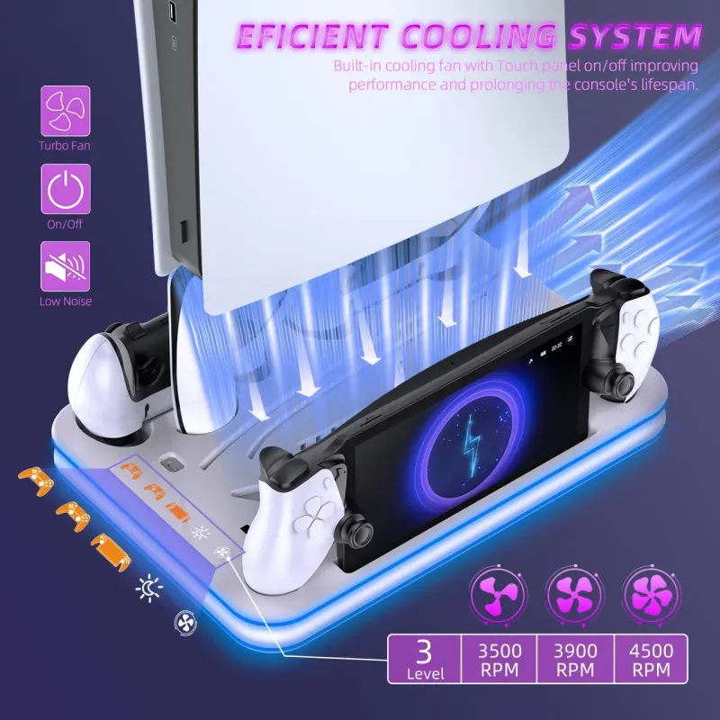 Вертикальна док-станція JYS-P5225-V3 з охолодженням RGB для PlayStation 5, PS5 Slim, PS5 Pro, PS Portal Вертикальна док-станція JYS-P5225-V3 з охолодженням RGB для PlayStation 5, PS5 Slim, PS5 Pro, PS Portal
