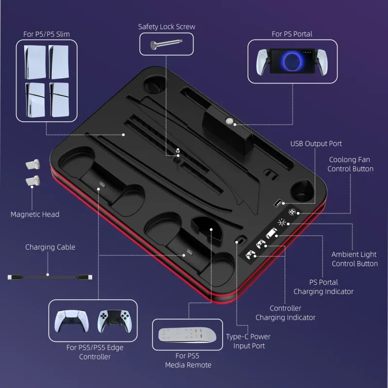 Док-станція JYS-P5225-V3 з охолодженням RGB-підсвіткою для PlayStation 5, PS5 Slim, PS5 Pro, PS Portal Чорний Док-станція JYS-P5225-V3 з охолодженням RGB-підсвіткою для PlayStation 5, PS5 Slim, PS5 Pro, PS Portal Чорний
